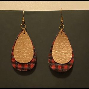 Handmade Faux Leather Earrings- Gold & Red